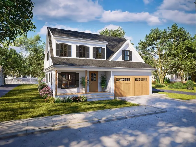 Compact White Farmhouse — residential 3D rendering