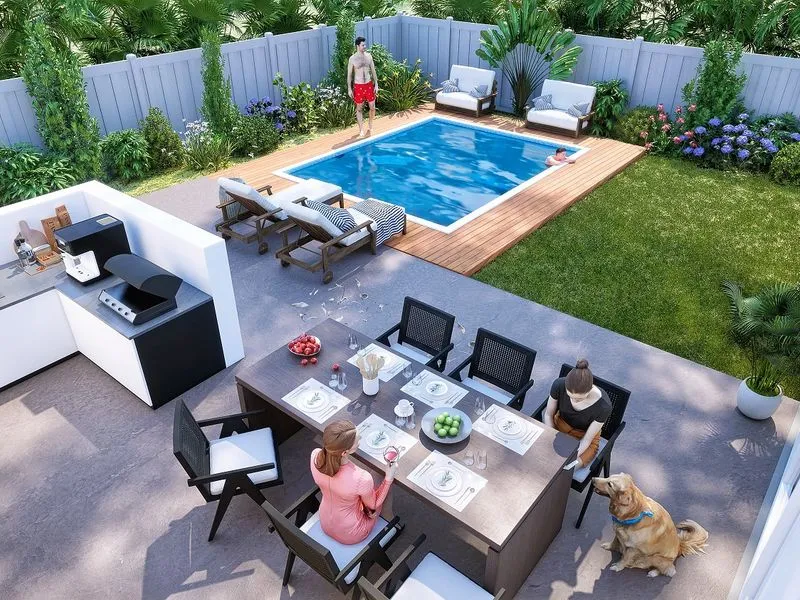 Contemporary Backyard Pool Entertaining — residential 3D rendering