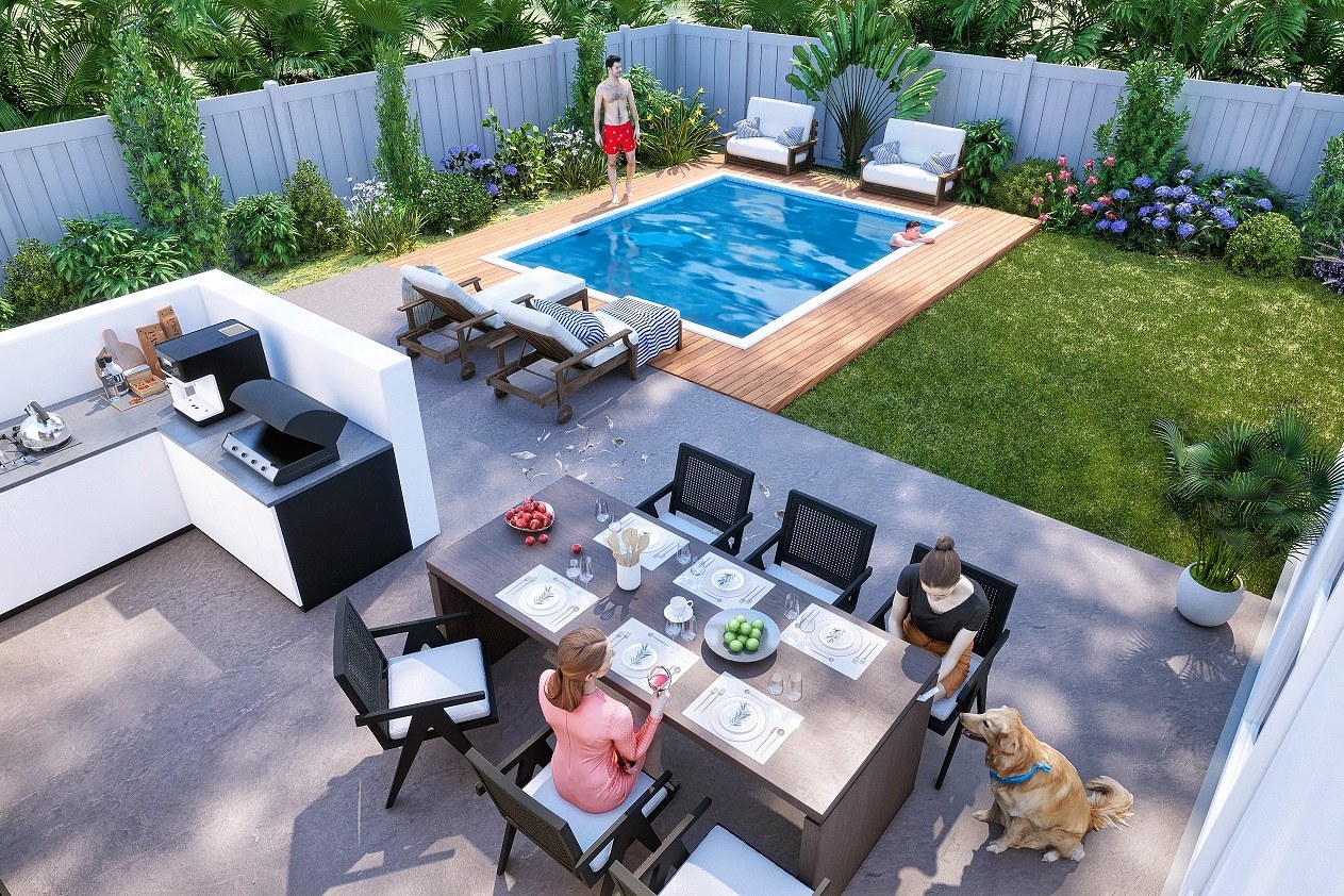 Contemporary Backyard Pool Entertaining