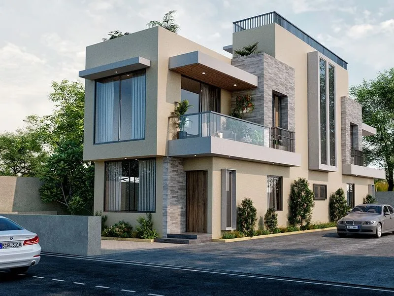Contemporary Beige Twin Villa — residential 3D rendering
