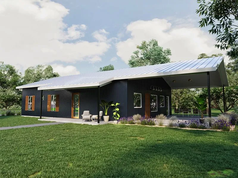 Dark Metal Barndominium — residential 3D rendering