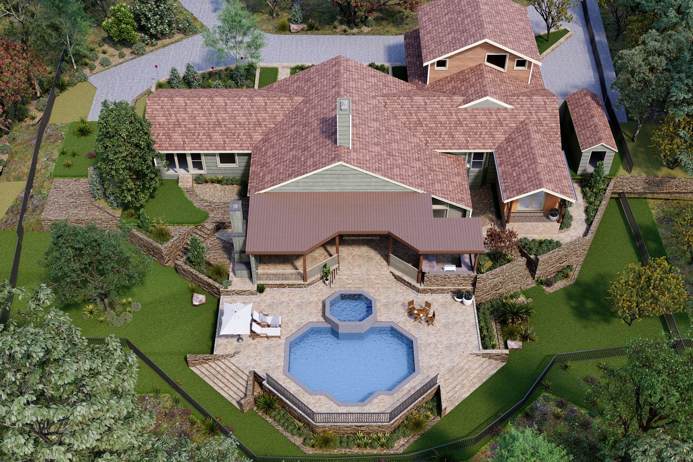 Photorealistic exterior rendering — pool-side villa