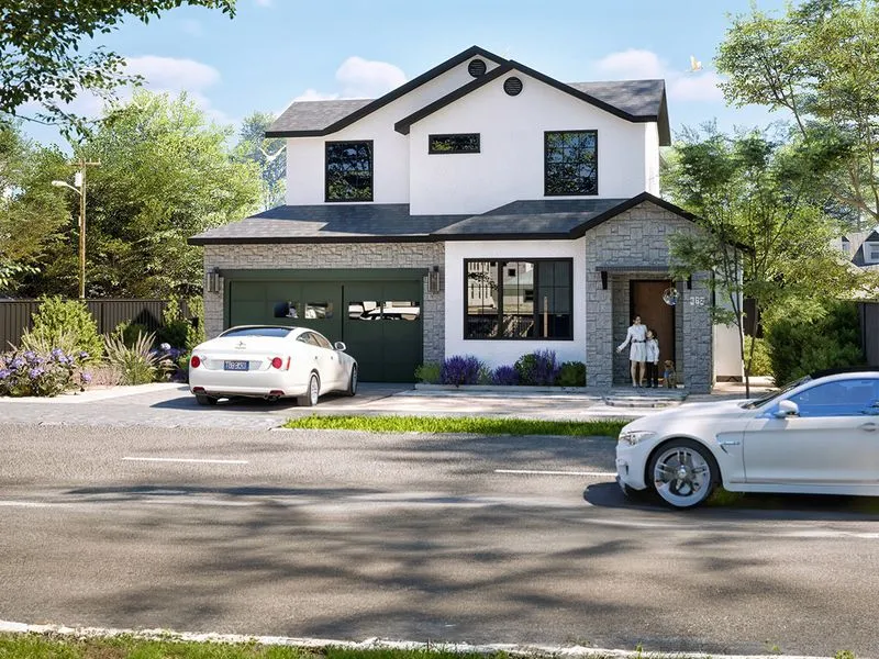 Modern Farmhouse White Stone — residential 3D rendering