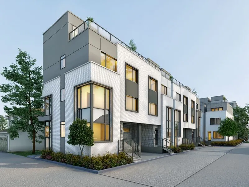 Modern White Brick Townhomes — residential 3D rendering