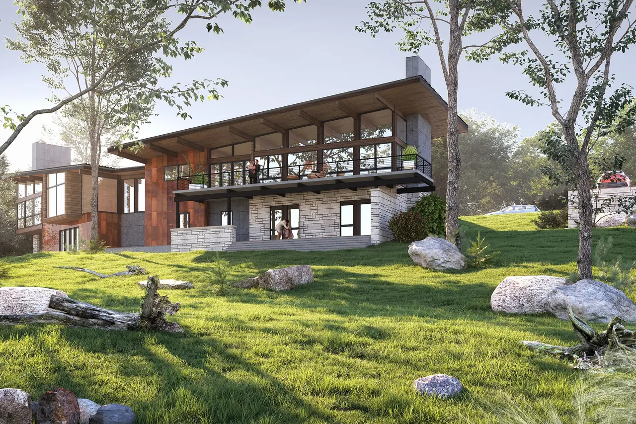 Photorealistic 3D rendering of a modern luxury residence at sunrise — architectural visualization by Praxis Studio