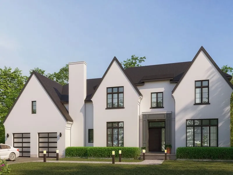 Project 49 White Stucco Transitional — residential 3D rendering