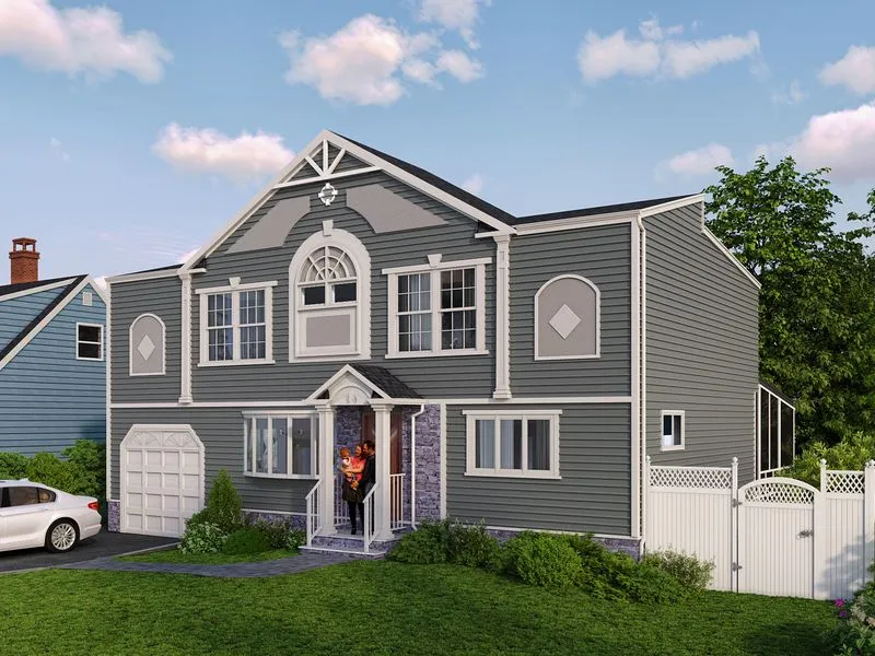 Project 50 Grey Siding Traditional — residential 3D rendering
