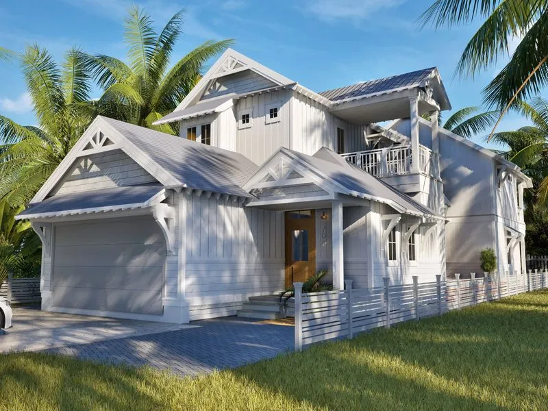 White Coastal Modern Palm Trees — residential 3D rendering