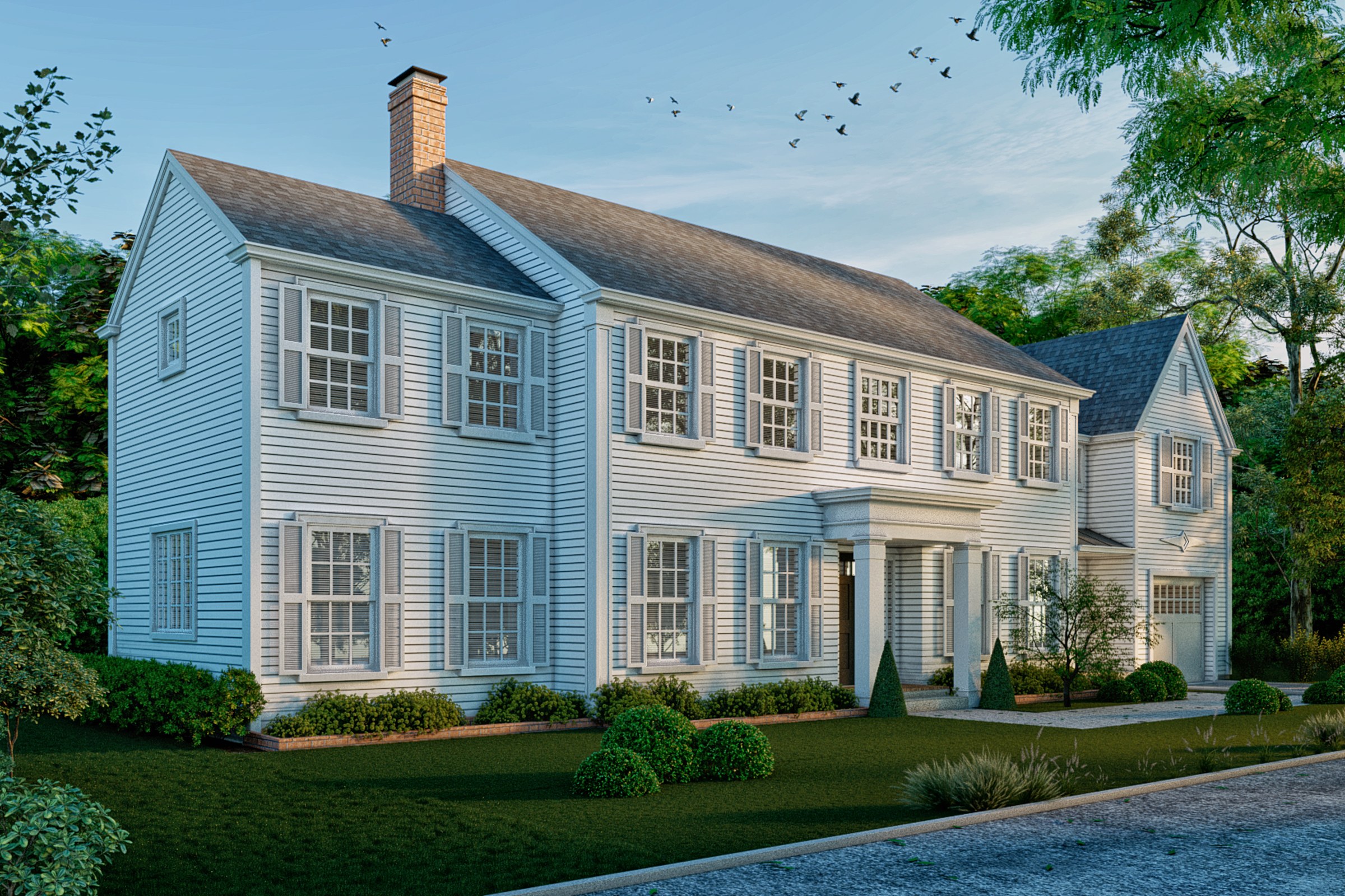 White Colonial Symmetric Home