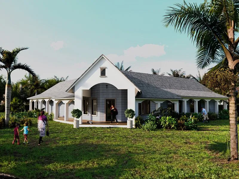 White Tropical Colonial Ranch — residential 3D rendering