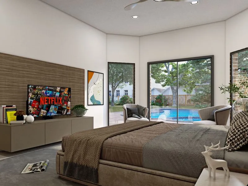 96 Master Bedroom Pool View — residential 3D rendering