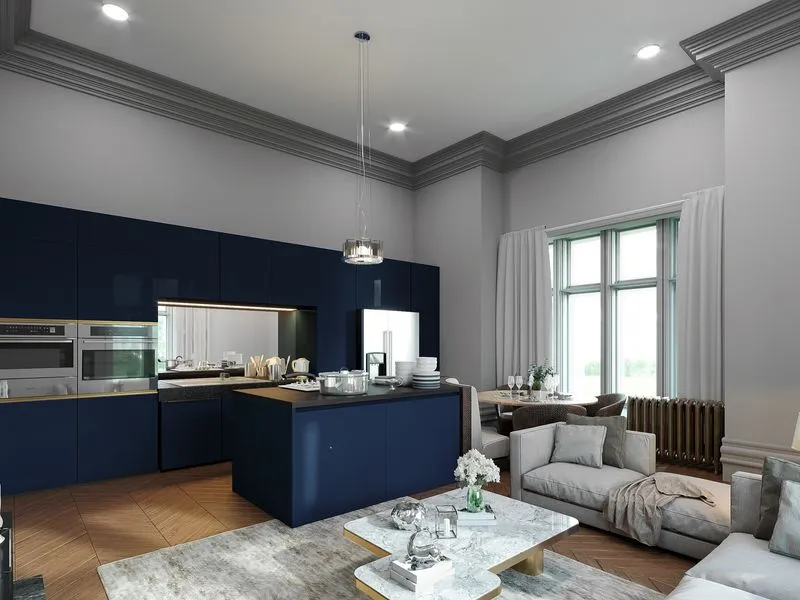 Complex Living Kitchen Alternate — residential 3D rendering