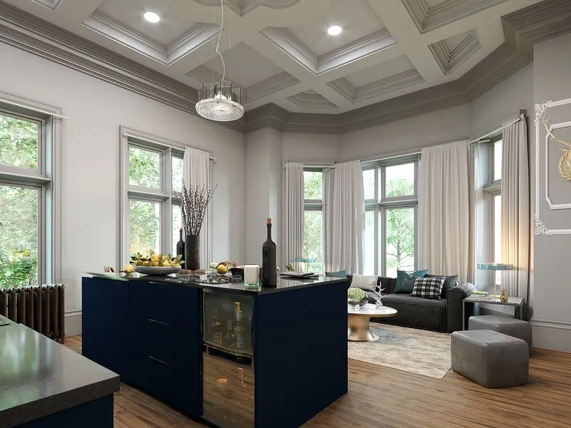 Complex Living Kitchen Island — residential 3D rendering