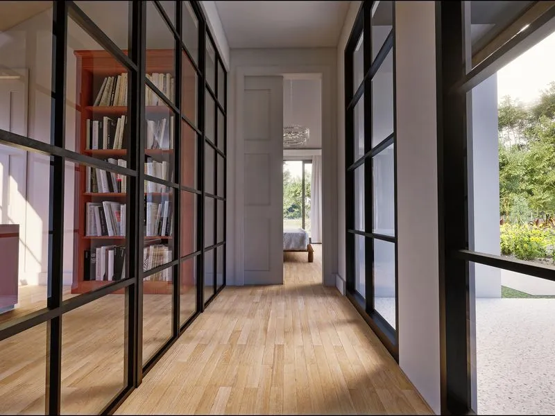 Contemporary Glass Hallway Garden — residential 3D rendering