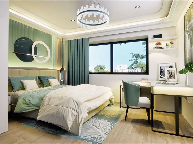 Contemporary Green Accent Bedroom — residential 3D rendering