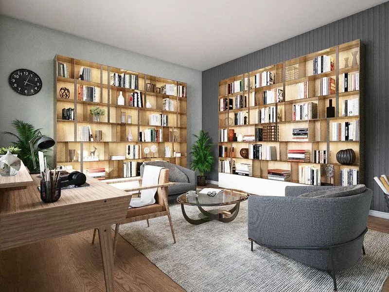 Contemporary Home Office Bookshelf — residential 3D rendering