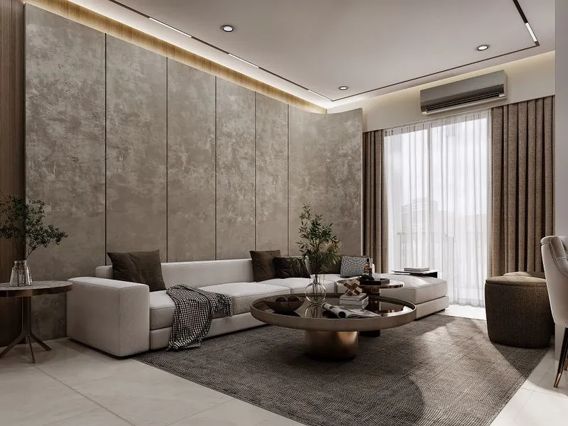 Contemporary Living Concrete Accent Wall — residential 3D rendering