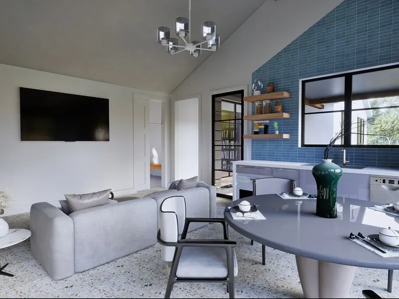 Contemporary Living Dining Blue Tile — residential 3D rendering