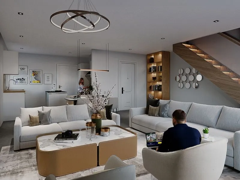 Contemporary Living Interlinked Ring Chandelier — residential 3D rendering