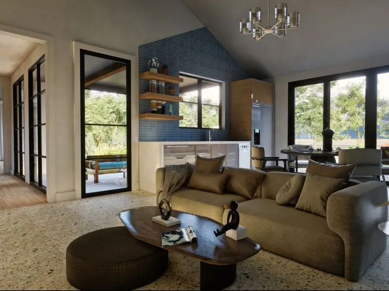 Contemporary Living Room Blue Tile — residential 3D rendering
