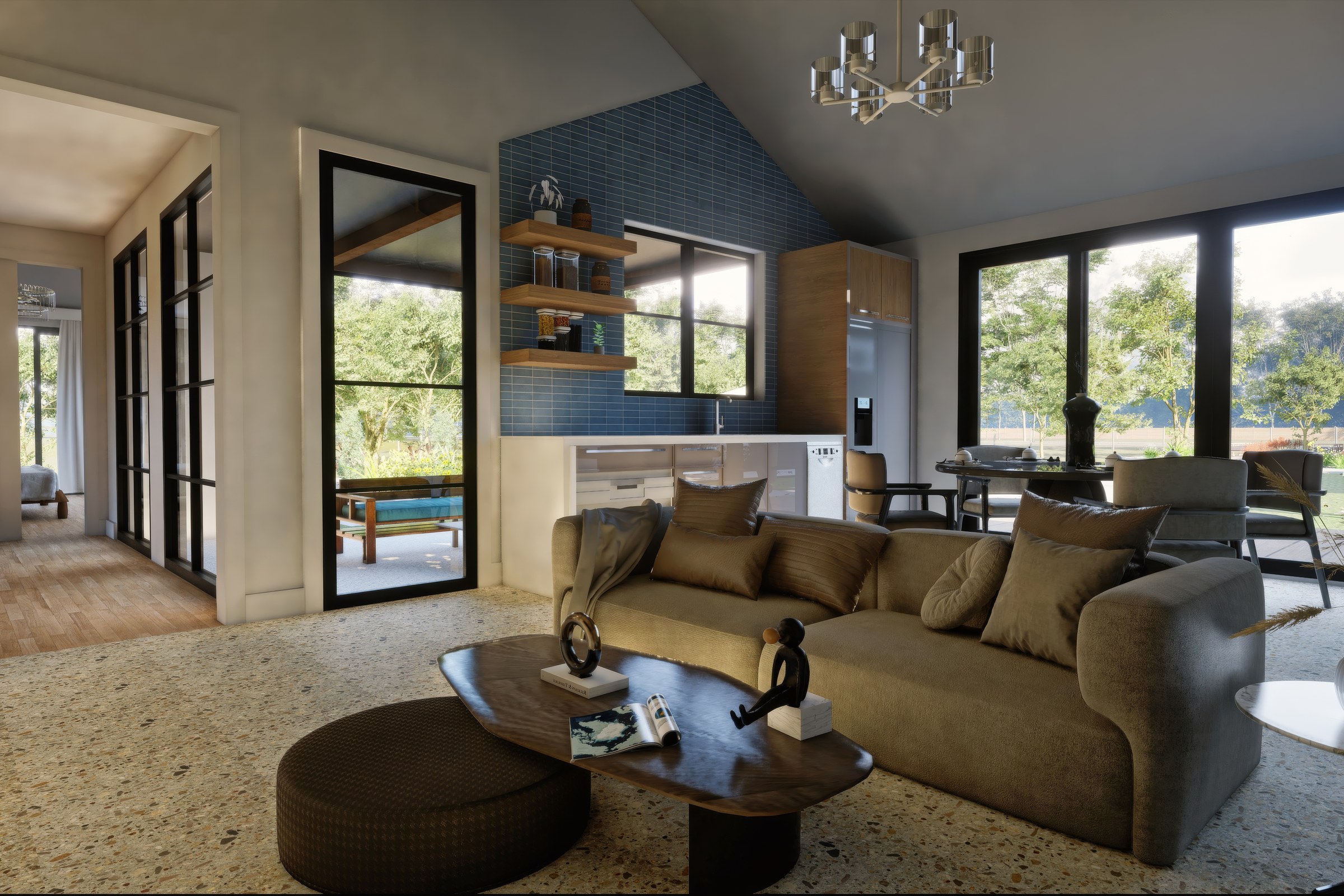 Contemporary Living Room Blue Tile