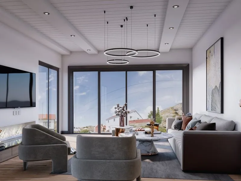 Contemporary Living Room Ring Lights — residential 3D rendering