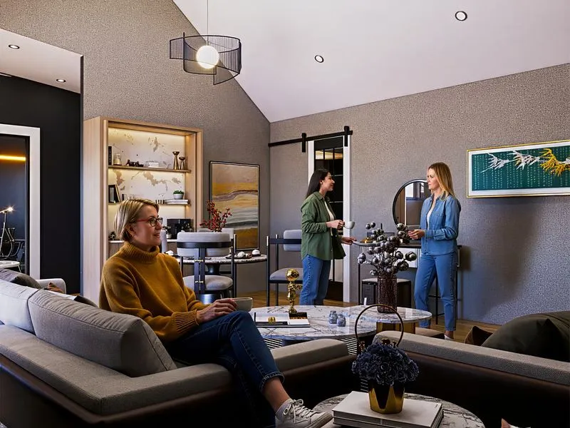 Contemporary Living Vaulted Ceiling Pets — residential 3D rendering