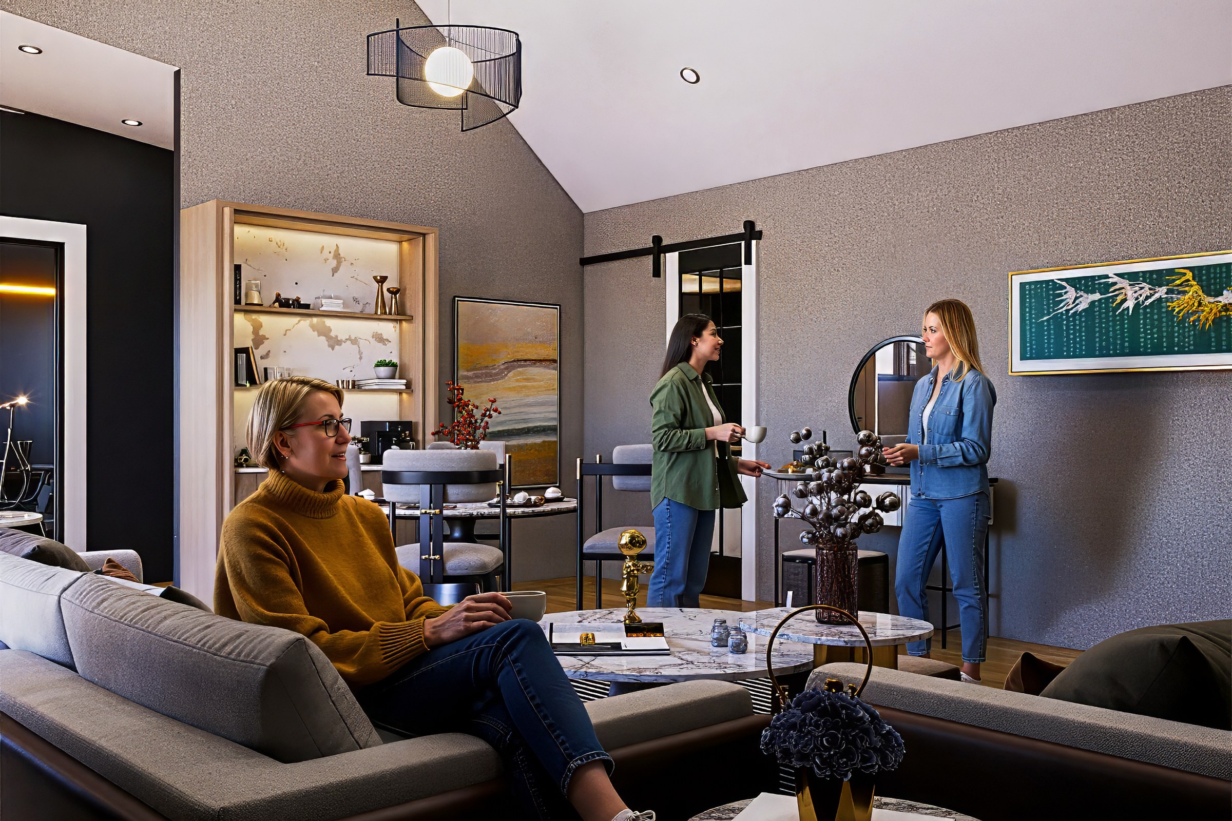 Contemporary living room with vaulted ceiling
