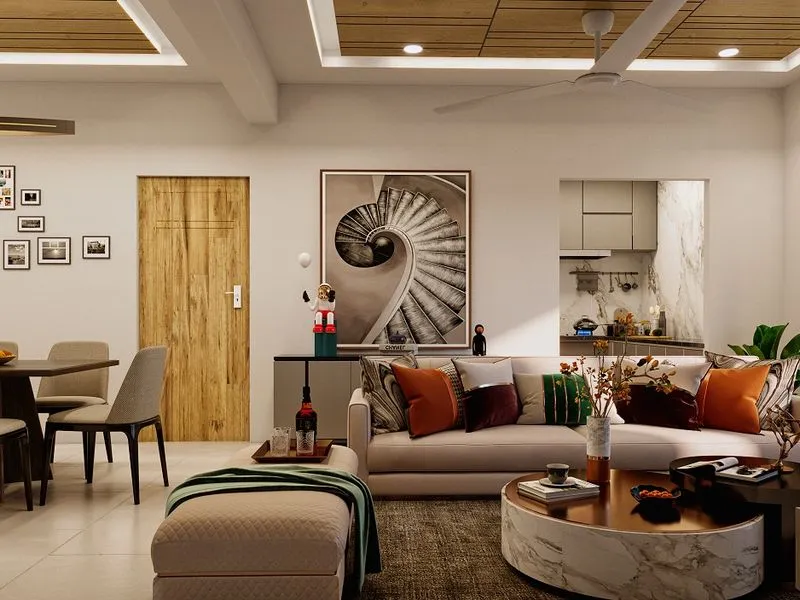 Contemporary Living Wood Ceiling Gallery Wall — residential 3D rendering