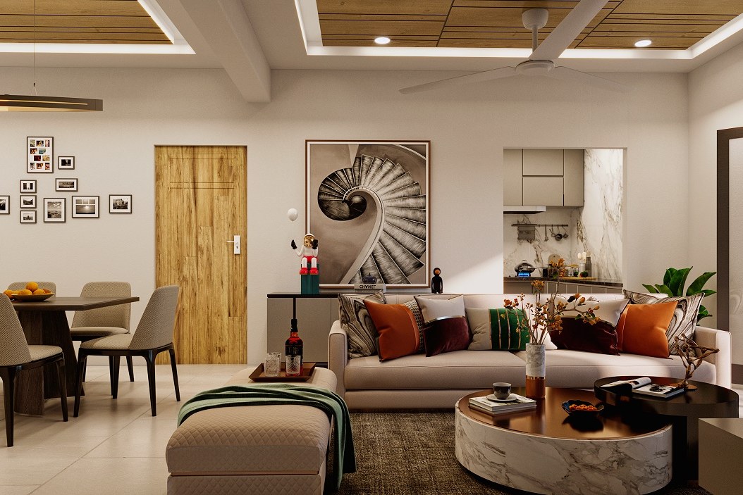 Contemporary Living Wood Ceiling Gallery Wall