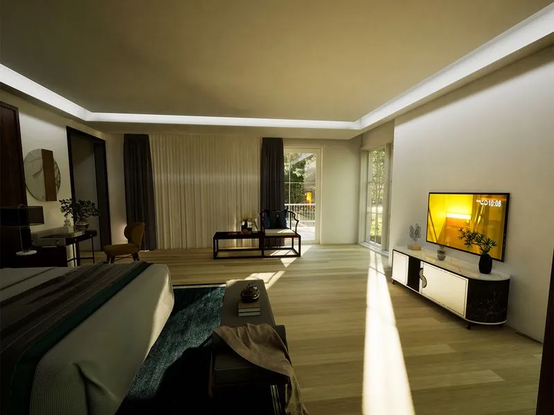 Contemporary Master Bedroom Garden View — residential 3D rendering