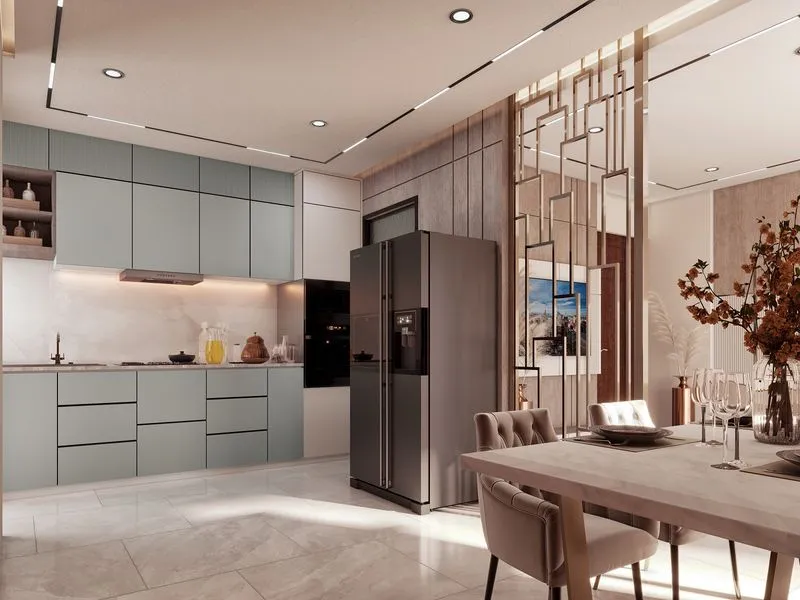Contemporary Sage Kitchen Gold Partition — residential 3D rendering