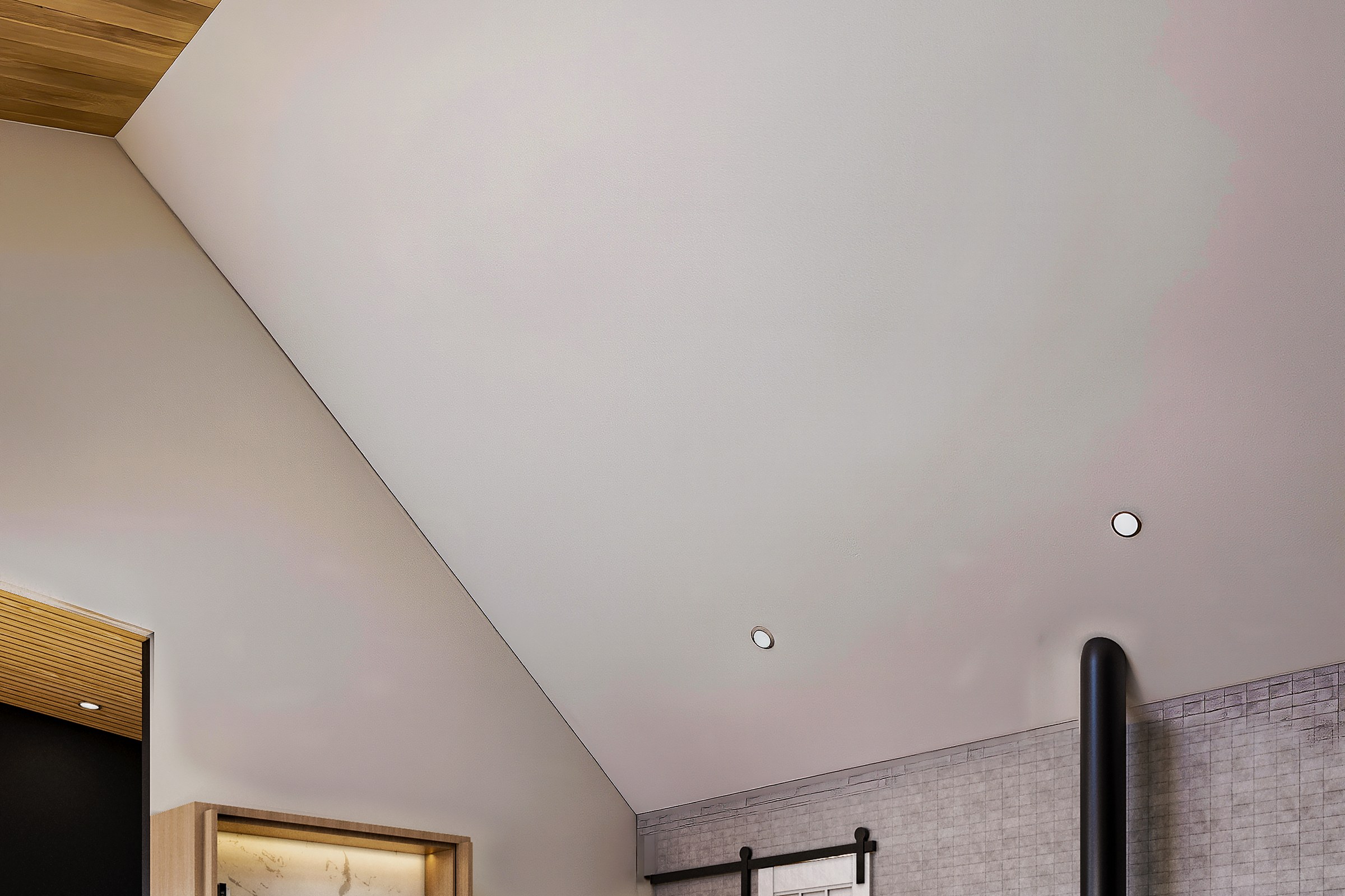 Farmhouse Modern Living Vaulted Wood Ceiling