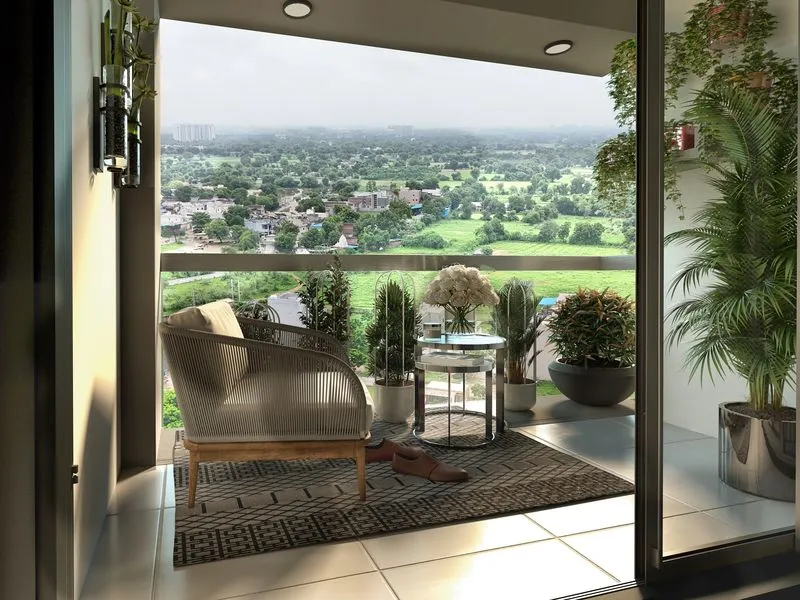 Highrise Balcony Green Landscape View — residential 3D rendering