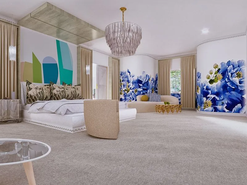 Luxury Master Bedroom Floral Mural — residential 3D rendering