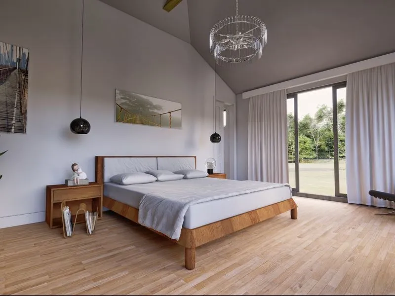 Mid Century Bedroom Vaulted Ceiling — residential 3D rendering