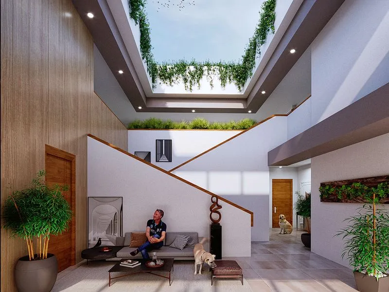 Modern Double Height Courtyard Skylight — residential 3D rendering