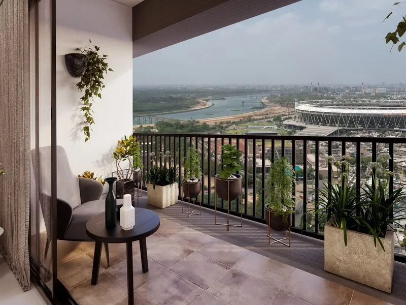 Modern Double Height Living Glass Wall — residential 3D rendering