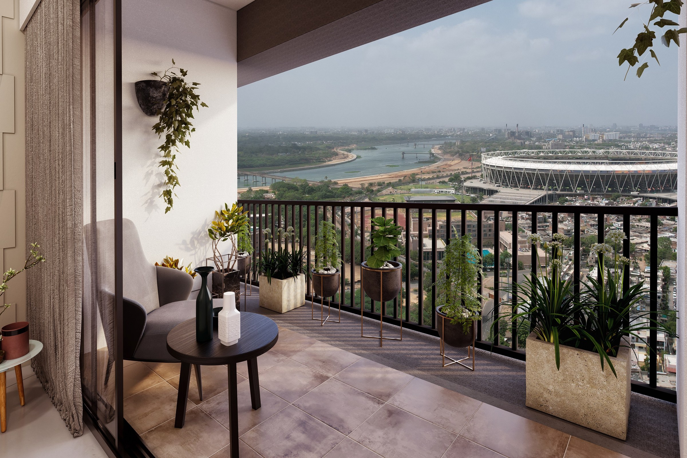 Modern double-height living room — photorealistic interior visualization