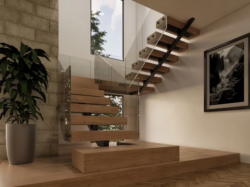 Modern Floating Staircase Glass Railing — residential 3D rendering