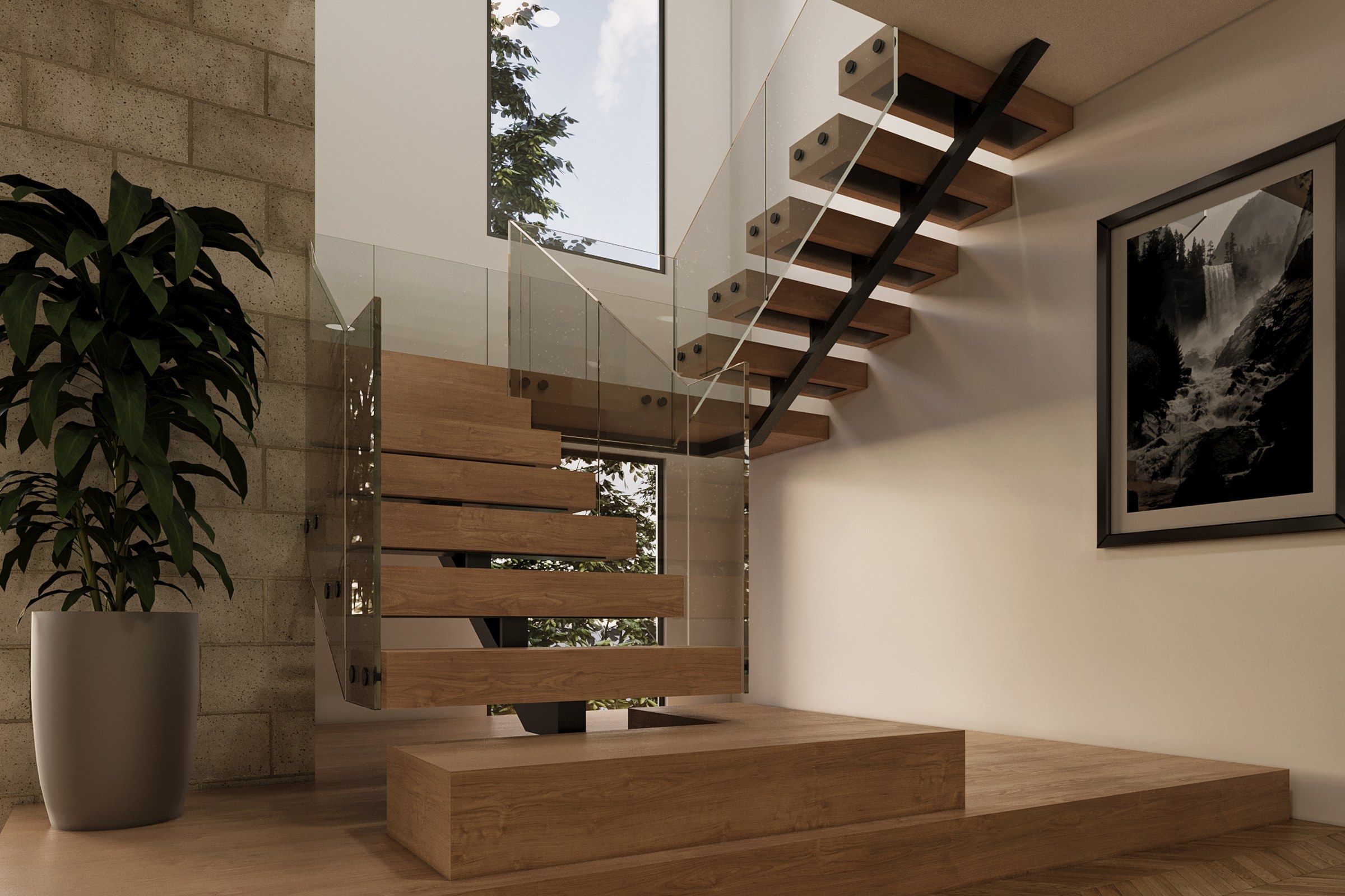 Modern Floating Staircase Glass Railing
