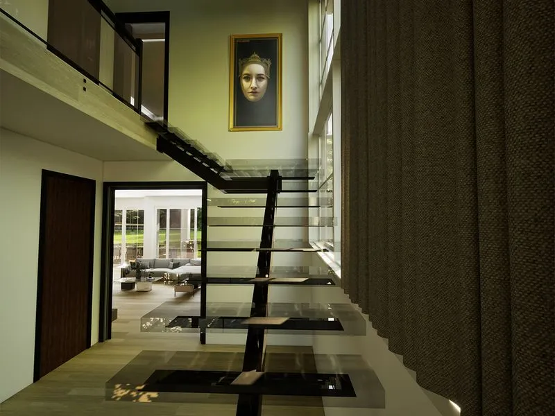 Modern Glass Staircase Double Height Living — residential 3D rendering