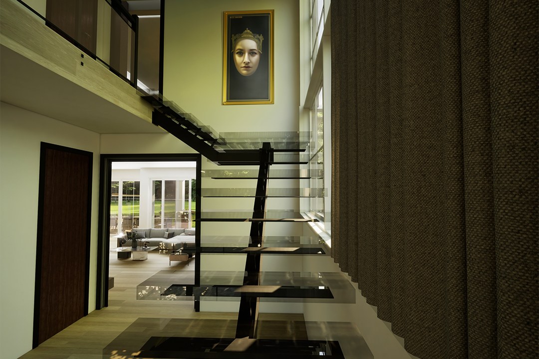 Modern Glass Staircase Double Height Living