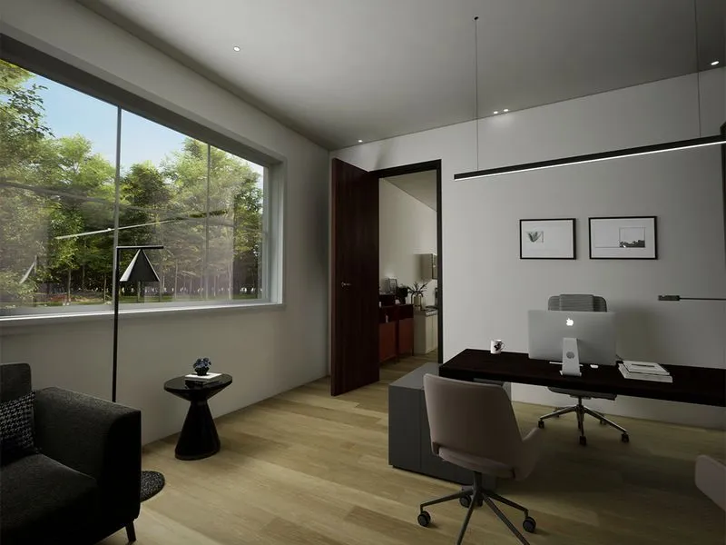 Modern Home Office Forest View — residential 3D rendering