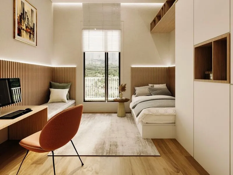 Modern Twin Bedroom Fluted Wood Headboard — residential 3D rendering