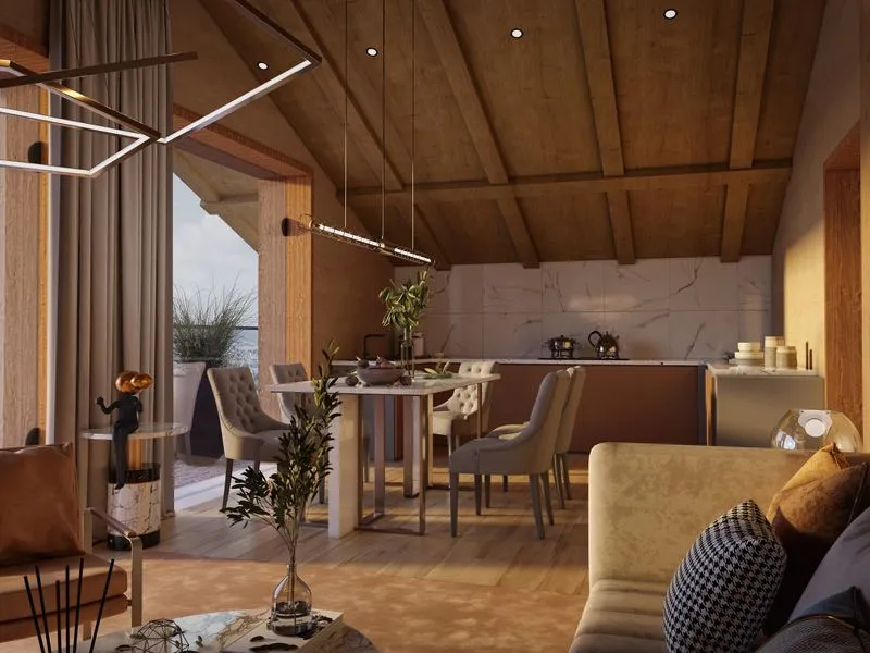 Mountain Cabin Open Plan Living — residential 3D rendering