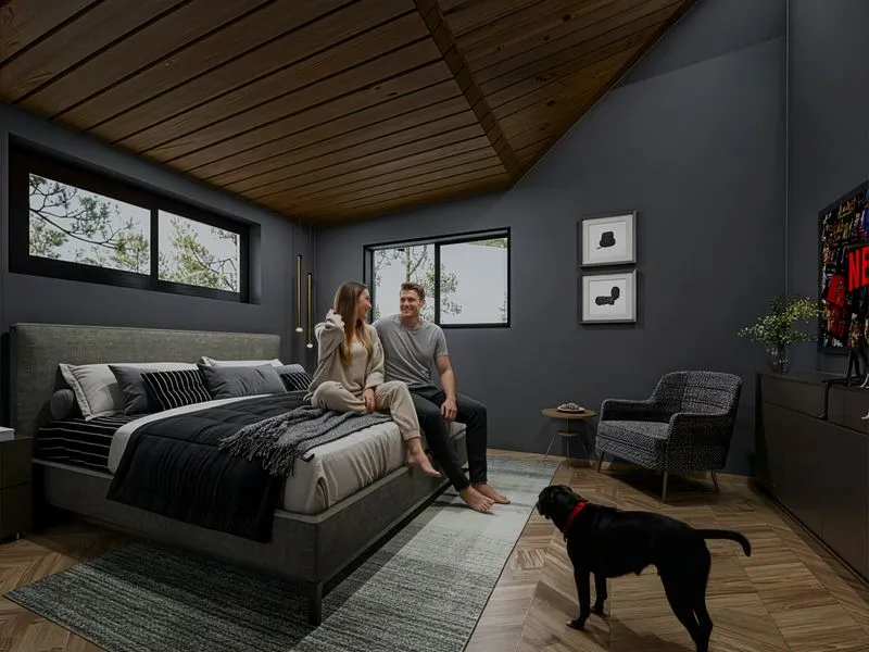 Rustic Modern Attic Bedroom Wood Ceiling — residential 3D rendering