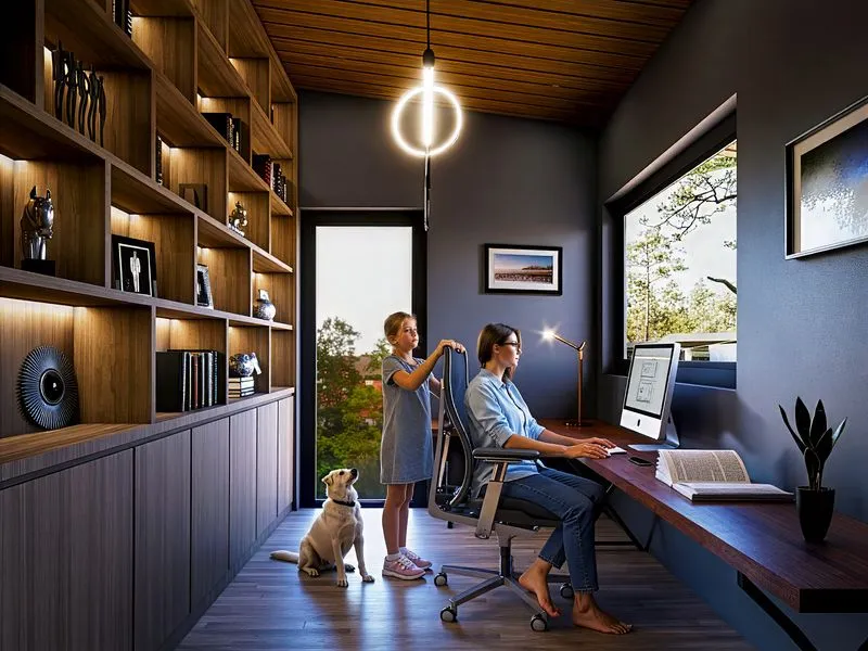 Rustic Modern Home Office Wood Ceiling — residential 3D rendering