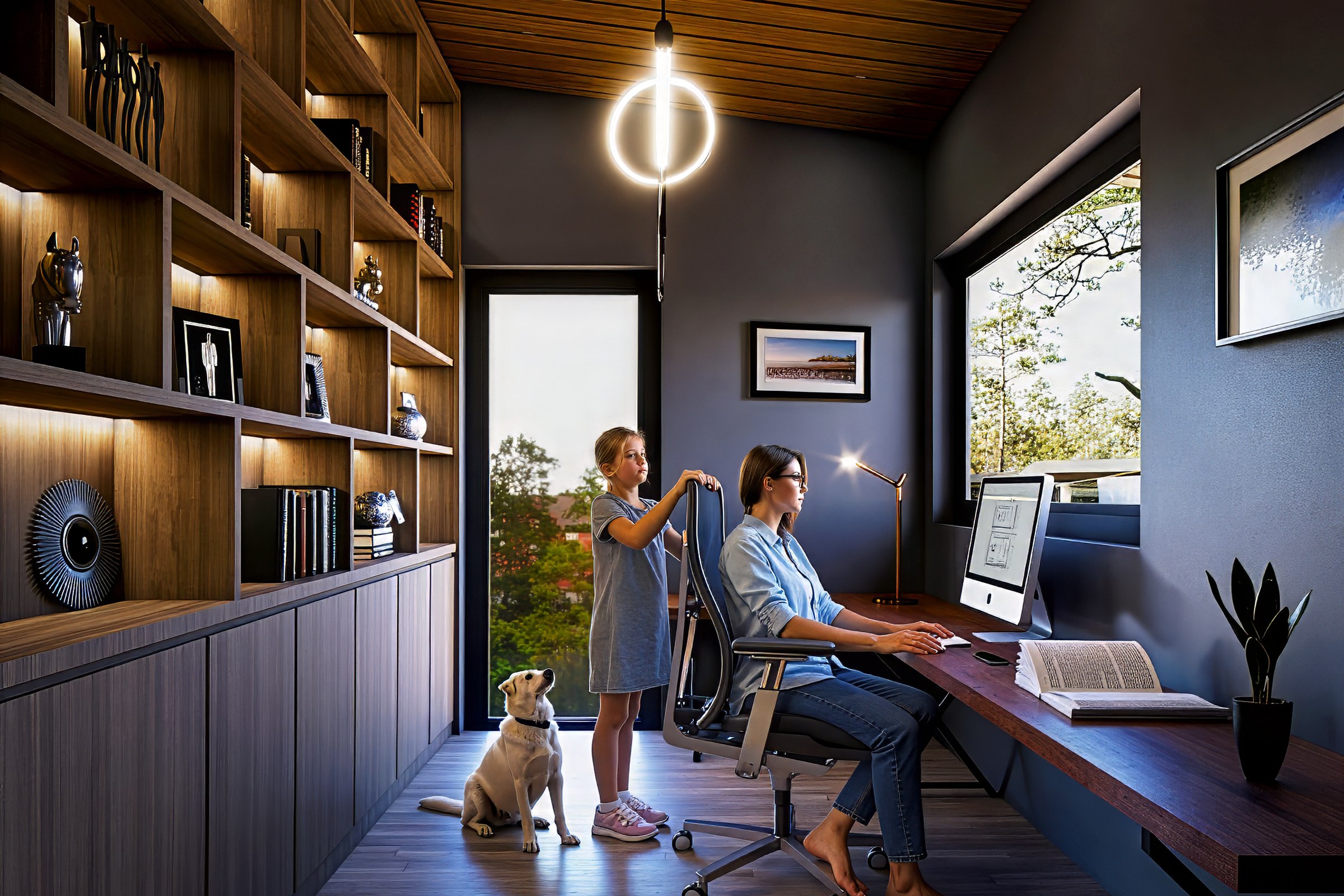 Rustic Modern Home Office Wood Ceiling