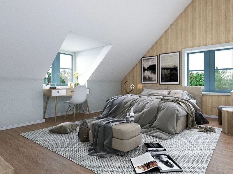 Scandinavian Attic Bedroom — residential 3D rendering